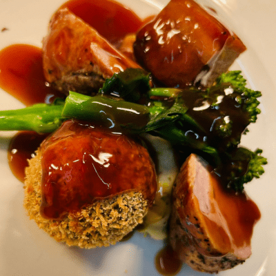 Trio of Pork Mans dish with Bon Bon and seasonal vegetables