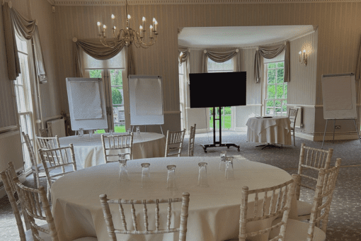 Cabaret style conferencing setup with flip charts and TV presentation