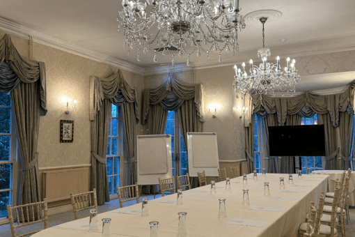 Board style room with flip charts and meeting setup for floral suite